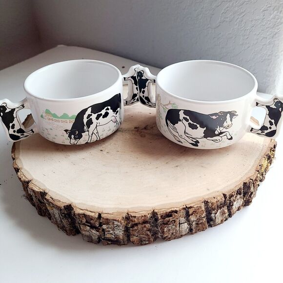 Vtg Holstein Cows Calf Double Handle Soup Bowls Mugs Farmhouse Stackable - Picture 4 of 6